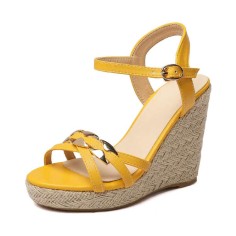 Peep Toe Knitted Straw Wedge Ankle Strap Elegant Sandal  - Yellow
