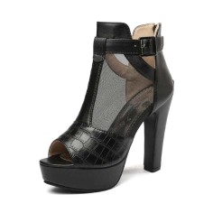 Peep Toe Cuban Heels Transparent Platform T Ankle Buckle Strap Booties with Back Zipper - Black