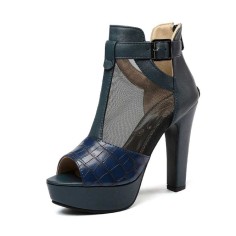 Peep Toe Cuban Heels Transparent Platform T Ankle Buckle Strap Booties with Back Zipper - Blue