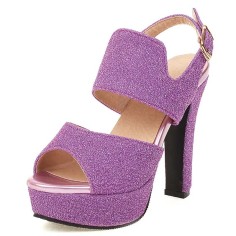 Peep Toe Platforms Glitters Blings Block Heels Slingback Sandals - Purple