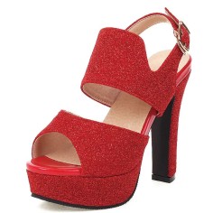 Peep Toe Platforms Glitters Blings Block Heels Slingback Sandals - Red
