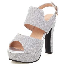 Peep Toe Platforms Glitters Blings Block Heels Slingback Sandals - Silver