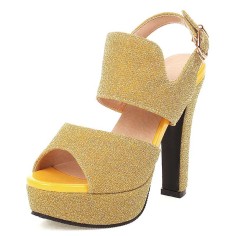 Peep Toe Platforms Glitters Blings Block Heels Slingback Sandals - Yellow