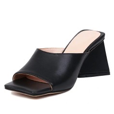 Open Square Toe Chunky Heels Summer Slippers Sandals - Black
