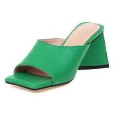 Open Square Toe Chunky Heels Summer Slippers Sandals - Green