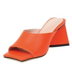 Open Square Toe Chunky Heels Summer Slippers Sandals - Orange