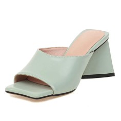 Open Square Toe Chunky Heels Summer Slippers Sandals - Sea Green