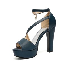 Santorini Peep Toe Cuban Heels Ankle Buckle Strap DOrsay Summer Party Platform - Blue