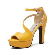 Santorini Peep Toe Cuban Heels Ankle Buckle Strap DOrsay Summer Party Platform - Yellow