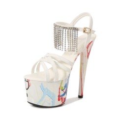 Peep Toe Stiletto 6 Inch Heels Rhinestone Tassels Ankle Buckle Straps Neon Pumps - White