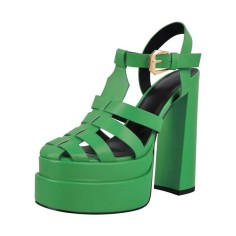 Peep Toe Hollow Out Strappy Platforms Chunky Heels Summer Sandals - Green Faux Leather