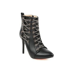 Pointed Toe Stiletto Heels Chain Lace Up Side Zipper Punk Boots - Black