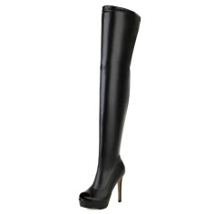 Peep Toe Over The Knees Stiletto Heels Side Zipper Low Platforms Boots - Black Faux Leather