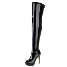 Peep Toe Over The Knees Stiletto Heels Side Zipper Low Platforms Boots - Black Patent