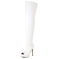 Peep Toe Over The Knees Stiletto Heels Side Zipper Low Platforms Boots - White Faux Leather