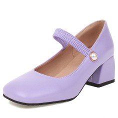 Round Toe Chunky Heels Bead Buckle Straps Mary Janes Pumps - Purple