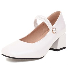 Round Toe Chunky Heels Bead Buckle Straps Mary Janes Pumps - White