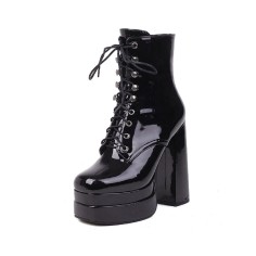 Round Toe Chunky Heels Side Zipper Platforms Ankle Straps LaceUp Boots - Black