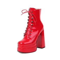 Round Toe Chunky Heels Side Zipper Platforms Ankle Straps LaceUp Boots - Red