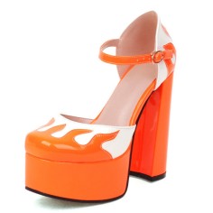 Round Toe Flame Stitched Chunky Heels Ankle Buckle Straps Dorsay Platforms Pumps - Orange
