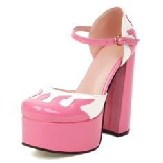 Round Toe Flame Stitched Chunky Heels Ankle Buckle Straps Dorsay Platforms Pumps - Pink