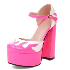 Round Toe Flame Stitched Chunky Heels Ankle Buckle Straps Dorsay Platforms Pumps - Rose