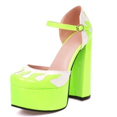 Round Toe Flame Stitched Chunky Heels Ankle Buckle Straps Dorsay Platforms Pumps - Neon Yellow