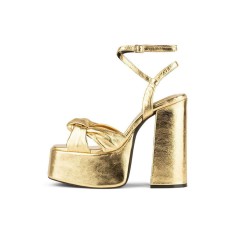 Chunky Heels Peep Toe Platforms Leopard Print Ankle Buckle Straps Sandals - Gold
