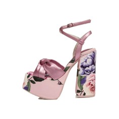 Chunky Heels Peep Toe Platforms Rose Print Ankle Buckle Straps Sandals - Pink