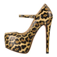 Pointed Toe Stiletto Heels Platforms Leopard Pattern Mary Janes Pumps - Tan Faux Leather