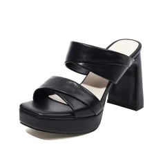 Peep Toe Platforms Chunky Heels Slippers Sandals - Black