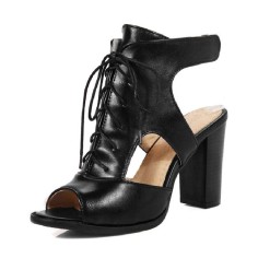 Peep Toe Chunky Open Heels Lace Up Pumps - Black
