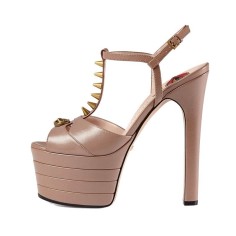 Chunky Heels Platform Peep Toe Rivet Decorated Ankle Buckle T Straps - Khaki