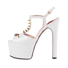 Chunky Heels Platform Peep Toe Rivet Decorated Ankle Buckle T Straps - White