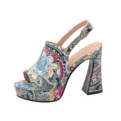 Peep Toe Platforms Chunky Heels Slingback Floral Print Sandals - Blue