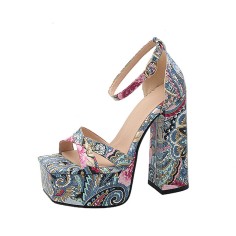 Peep Toe Platforms Chunky Heels Ankle Buckle Straps Floral Print Sandals - Blue