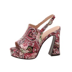 Peep Toe Platforms Chunky Heels Slingback Floral Print Sandals - Pink