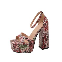 Peep Toe Platforms Chunky Heels Ankle Buckle Straps Floral Print Sandals - Pink