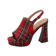 Peep Toe Platforms Chunky Heels Slingback Plaid Print Sandals - Red