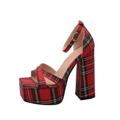 Peep Toe Platforms Chunky Heels Ankle Buckle Straps Plaid Print Sandals - Red