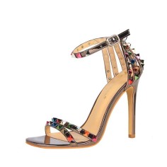 Ankle Straps Peep Toe Stiletto Heels Rivet Studded Sandals - Gun Gray