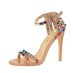 Ankle Straps Peep Toe Stiletto Heels Rivet Studded Sandals - Nude