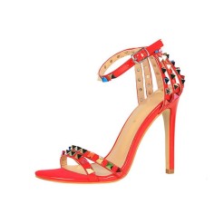 Ankle Straps Peep Toe Stiletto Heels Rivet Studded Sandals - Red
