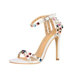 Ankle Straps Peep Toe Stiletto Heels Rivet Studded Sandals - White