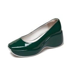Square Toe Platforms Patent Wedges Loafers - Green