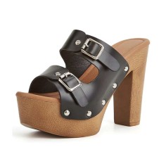 Chunky Heels Platform Peep Toe Buckle Outdoor Rivet Sandals  - Black