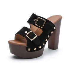 Chunky Heels Platform Peep Toe Buckle Flock Outdoor Rivet Sandals  - Black
