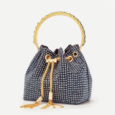 Chain Metal Ring Handle Ceramic Beads Bucket Purse Bags - Black