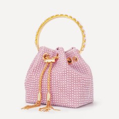 Chain Metal Ring Handle Ceramic Beads Bucket Purse Bags - Light Purple