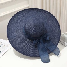 Brim Beach Visor Ribbon Summer Straw Fashion Hat - Navy